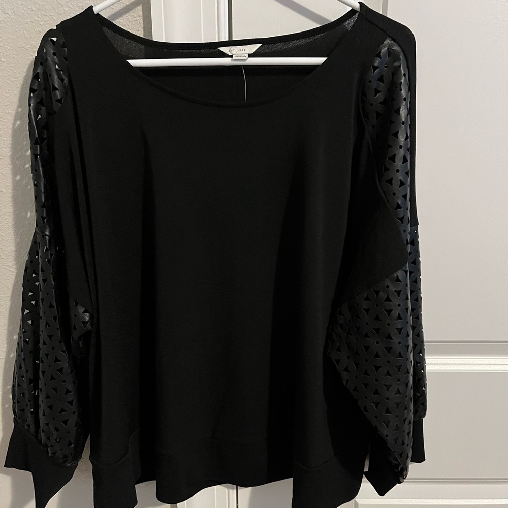 XL CEST1946 Chic Sheer Sexy Black Top with Leather Sleeves